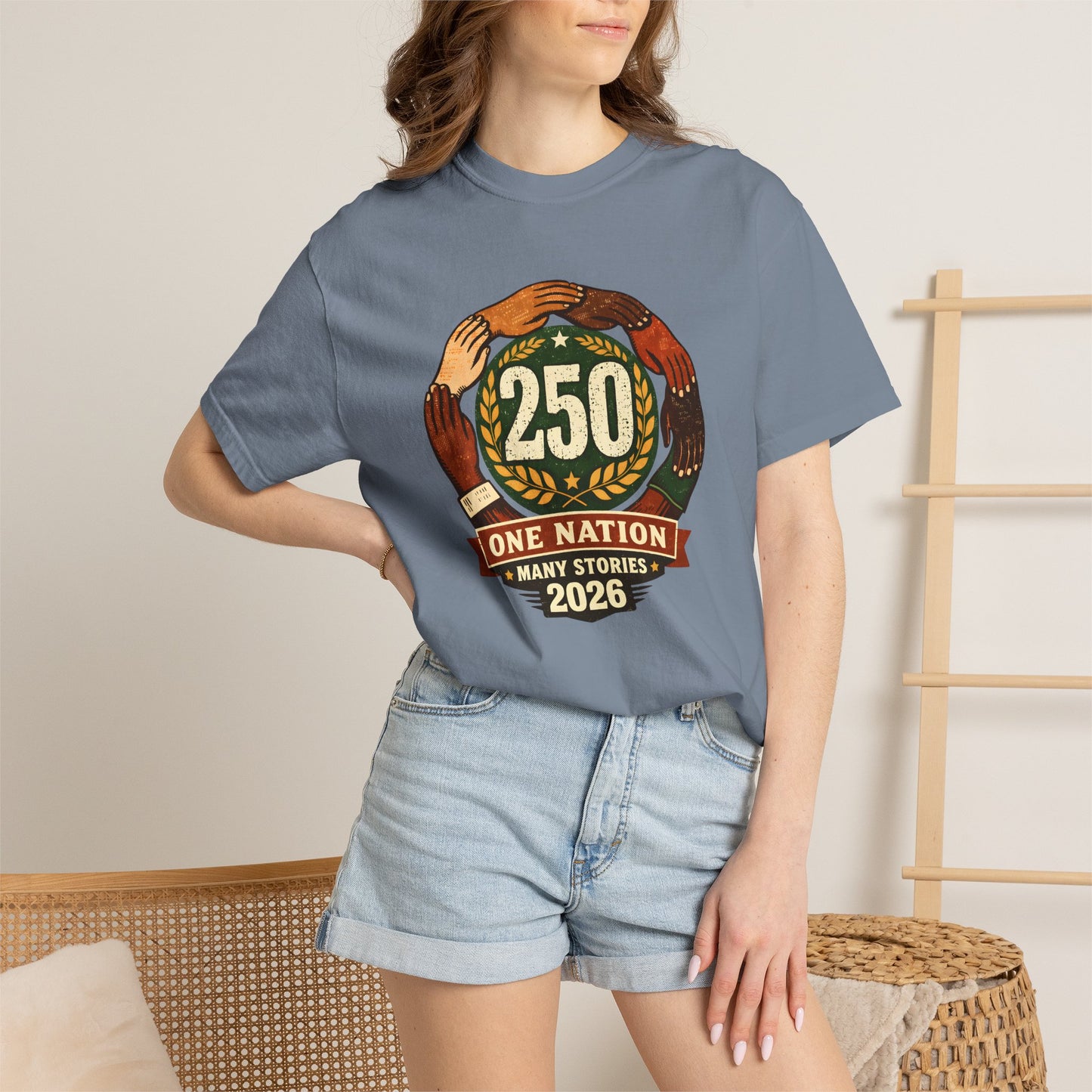 250 Year Anniversary | One Nation Many Stories 2026 T-Shirt | Unity Hands Emblem