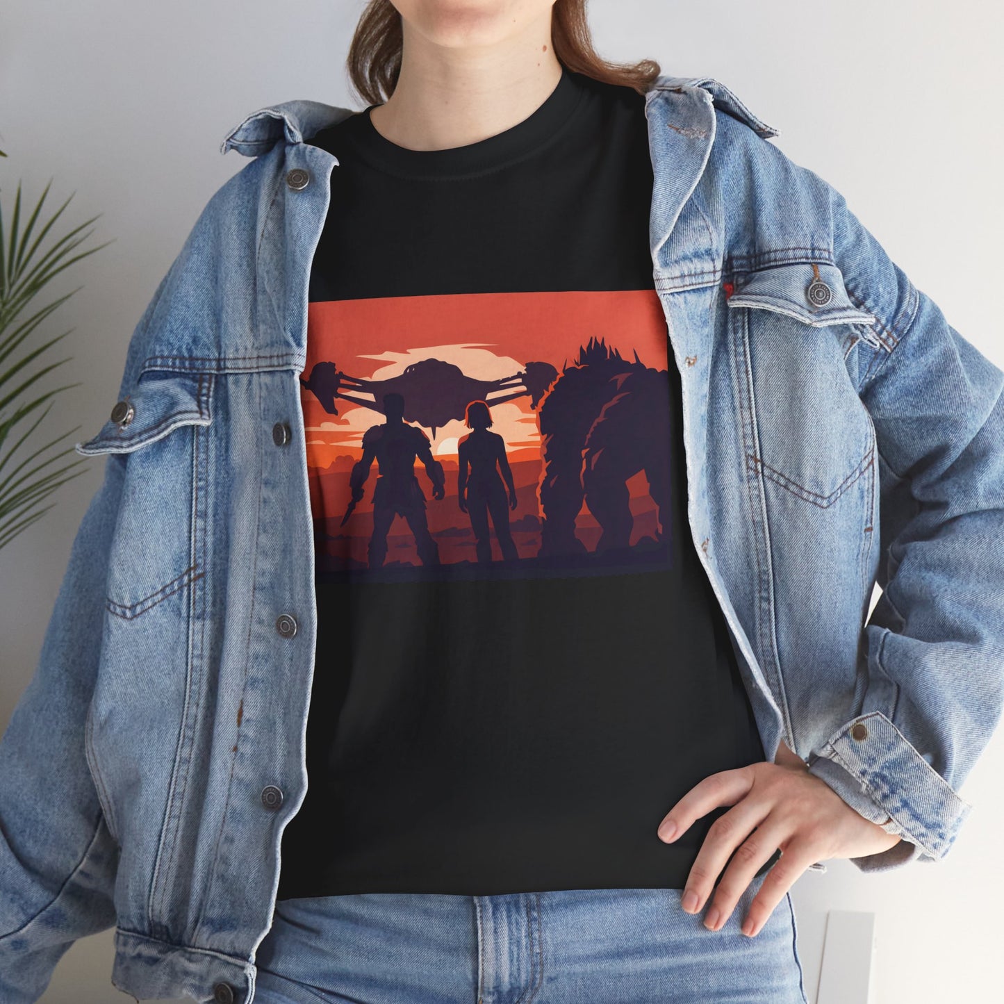 Sunset Guardians Graphic Tee — Sci‑Fi Crew Silhouette T‑Shirt