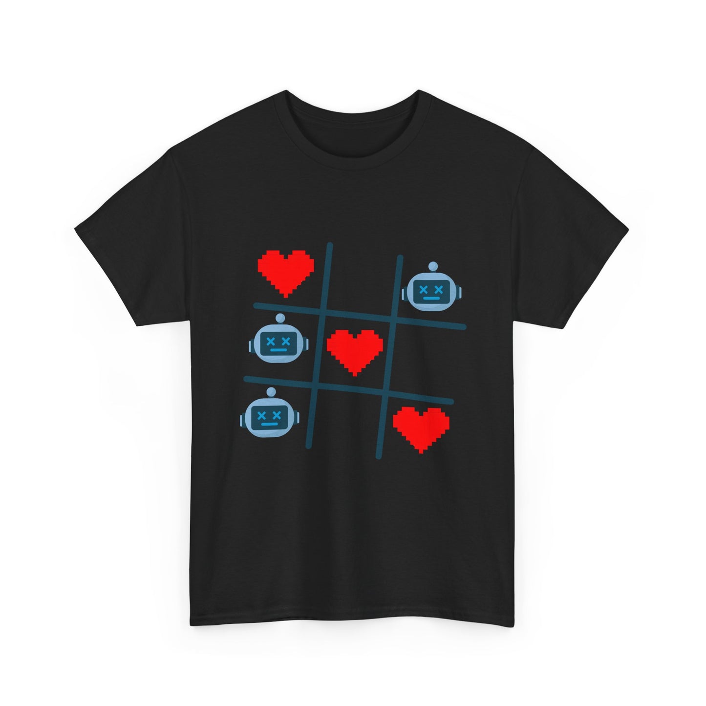 Tic Tac Toe Robots vs Hearts T-Shirt | AI Love Game Pixel Art Geek Tee | Gift for Gamer Nerd Couple Valentines | Tech Romance Humor Shirt