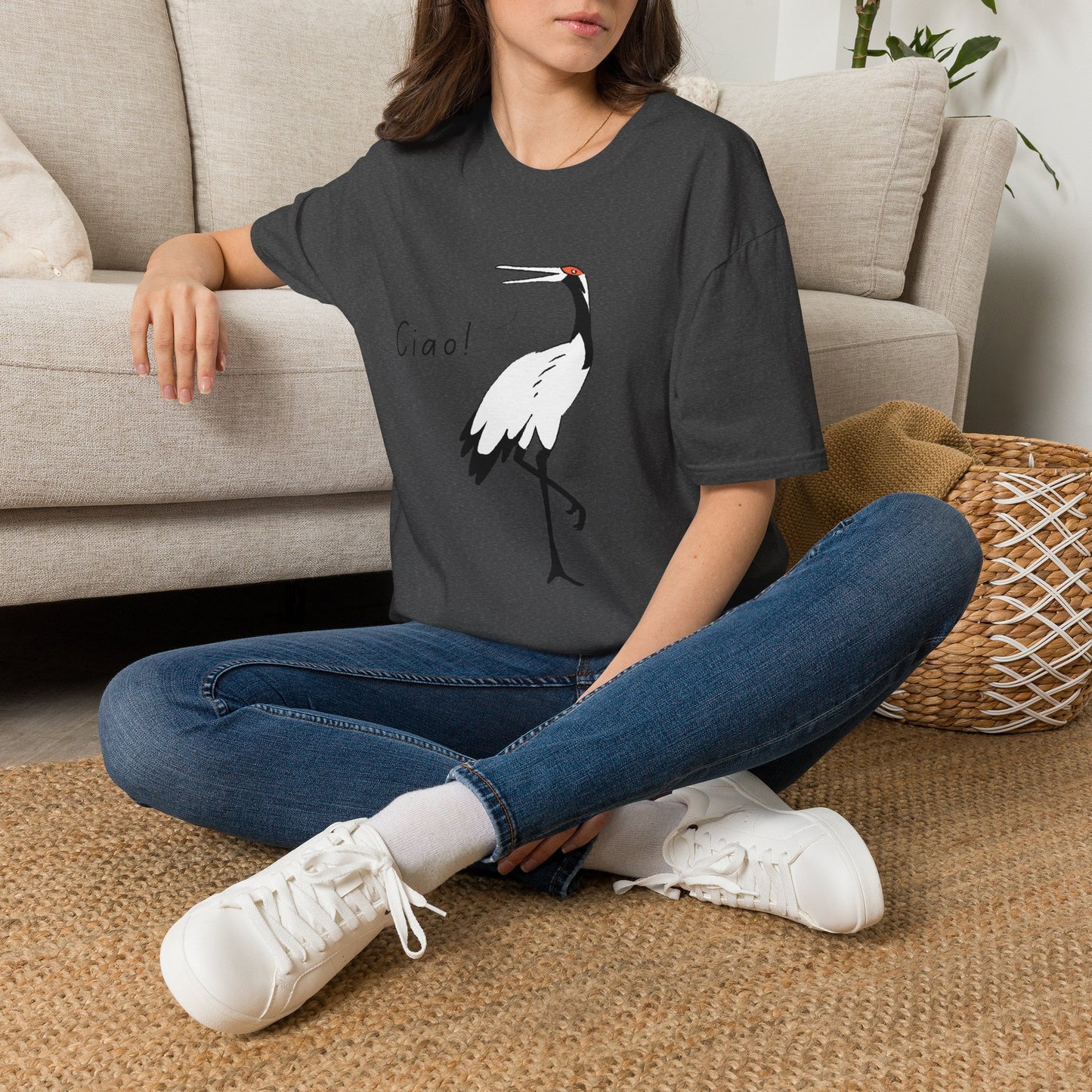 Ciao Crane T-Shirt | Minimalist Line Art Stork Bird Illustration | Italian Goodbye Gift| Bird Lover Nature Art | Simple Elegant Wildlife Tee