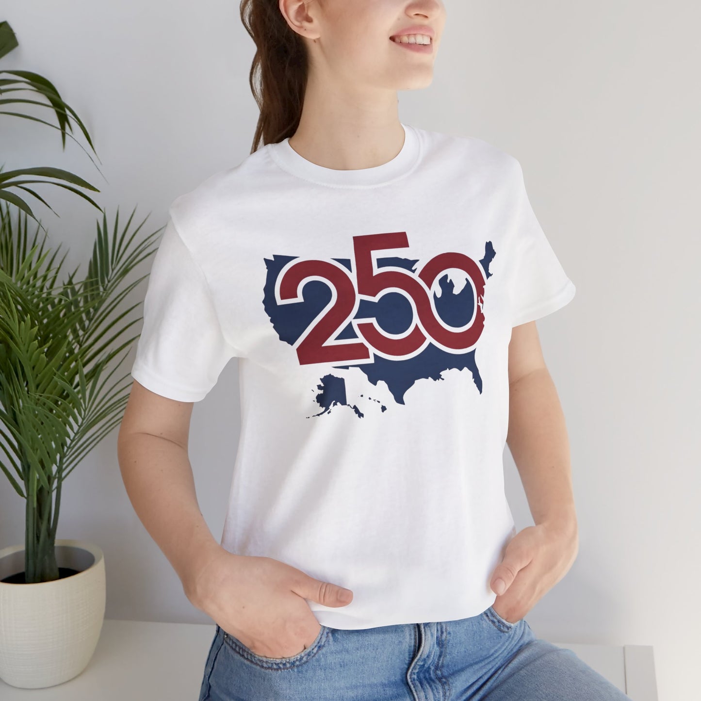 250 USA map T-Shirt | patriotic outline, red white blue numbers | Independence Day