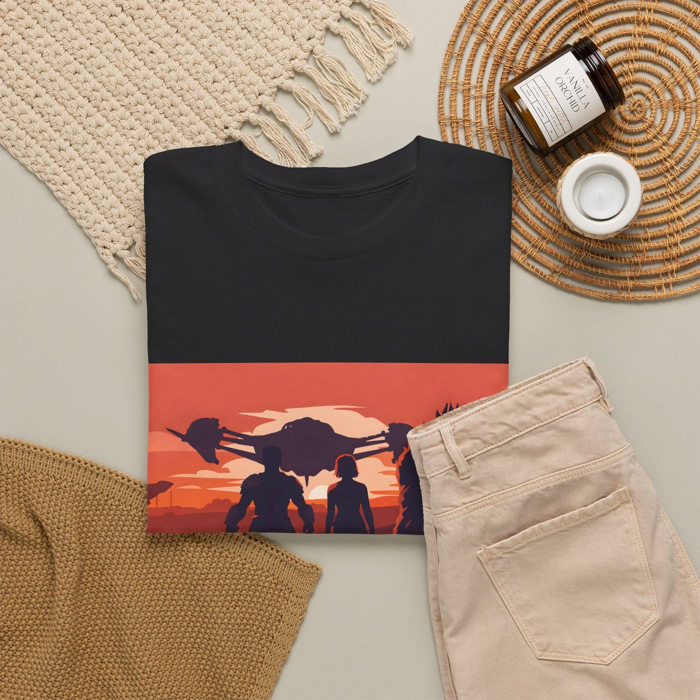 Sunset Guardians Graphic Tee — Sci‑Fi Crew Silhouette T‑Shirt
