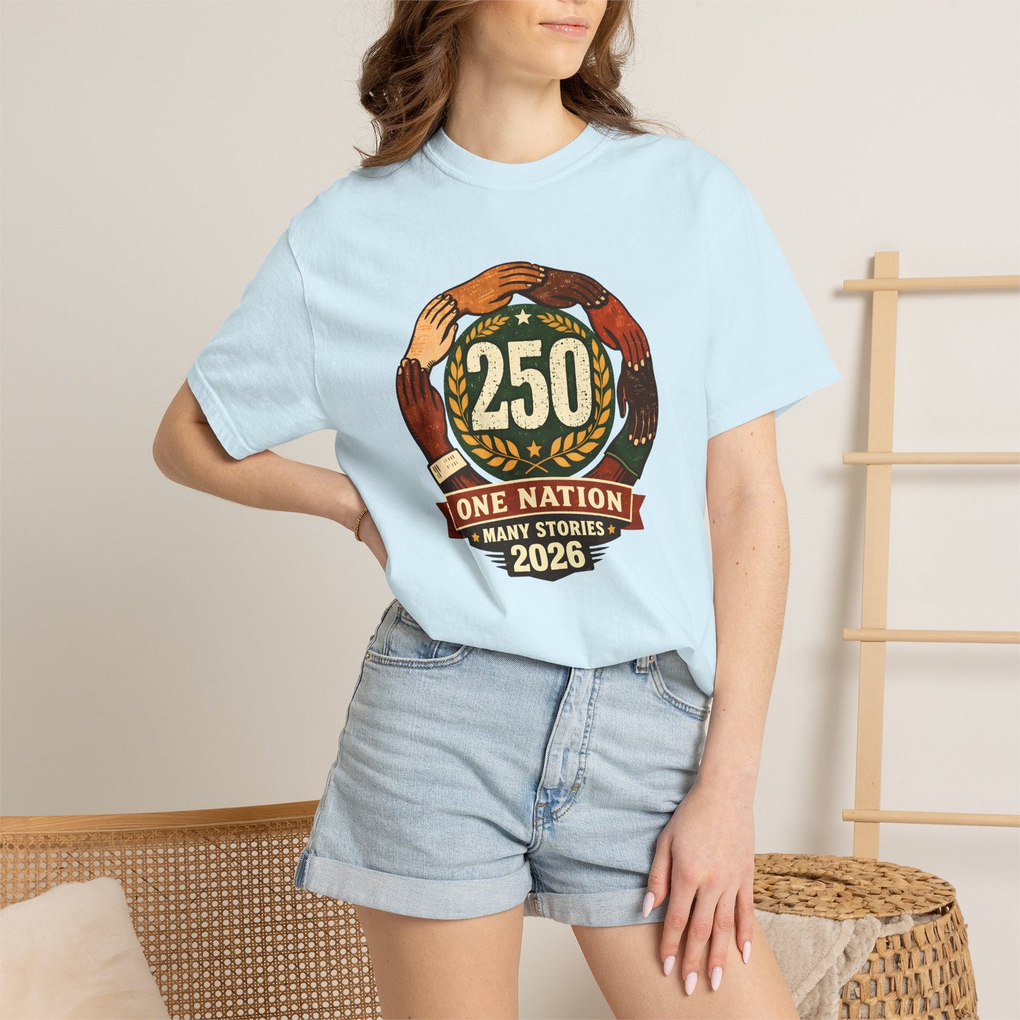 250 Year Anniversary | One Nation Many Stories 2026 T-Shirt | Unity Hands Emblem