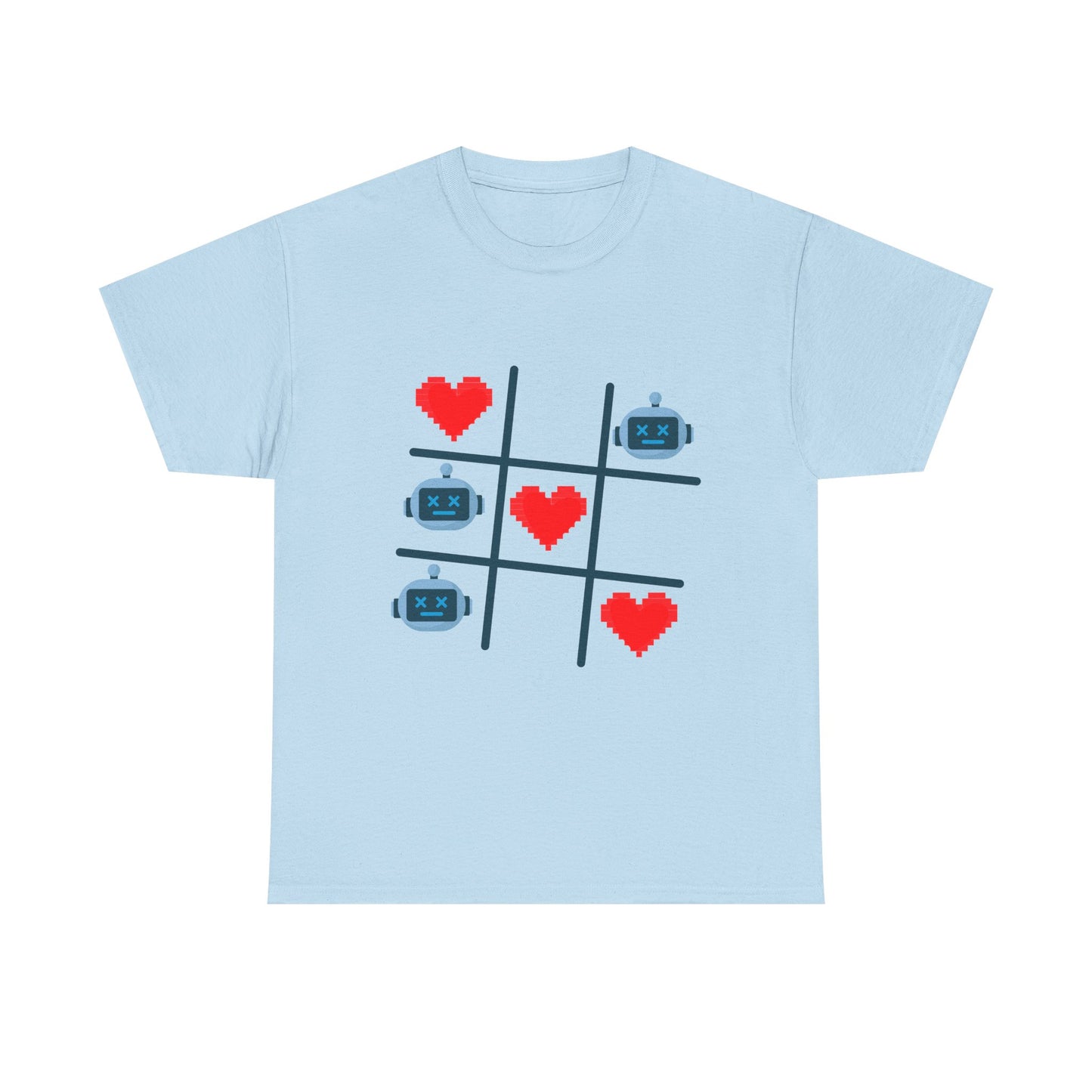 Tic Tac Toe Robots vs Hearts T-Shirt | AI Love Game Pixel Art Geek Tee | Gift for Gamer Nerd Couple Valentines | Tech Romance Humor Shirt