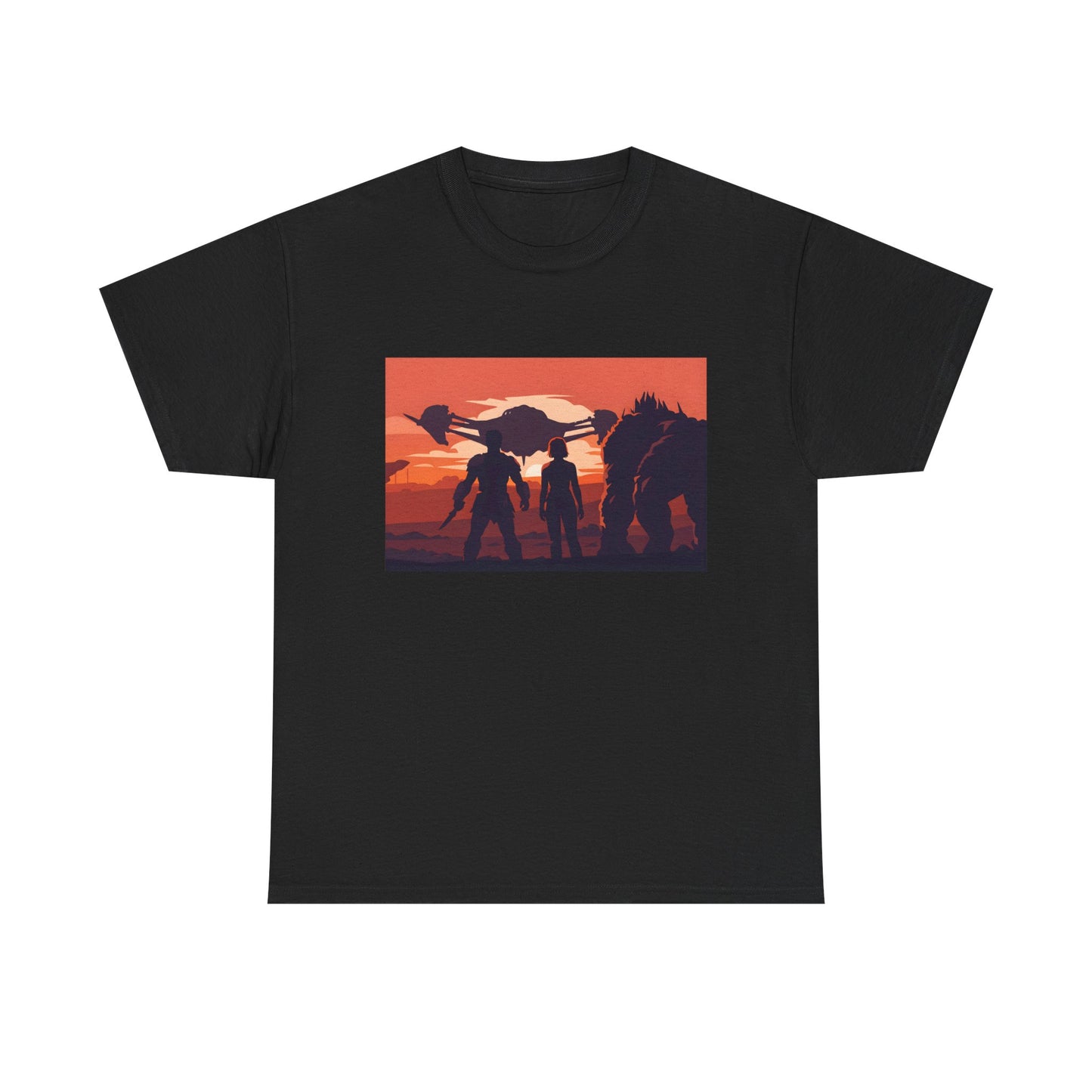 Sunset Guardians Graphic Tee — Sci‑Fi Crew Silhouette T‑Shirt