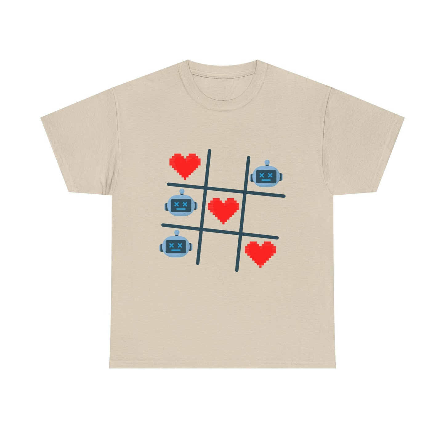 Tic Tac Toe Robots vs Hearts T-Shirt | AI Love Game Pixel Art Geek Tee | Gift for Gamer Nerd Couple Valentines | Tech Romance Humor Shirt