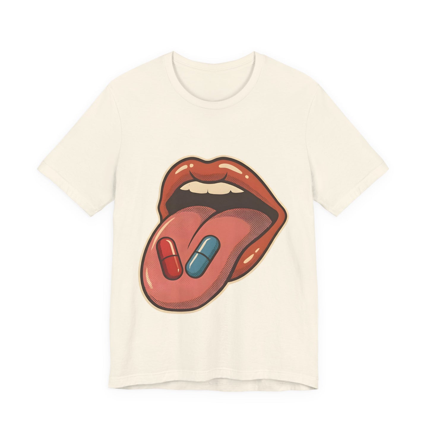 Pill Pop Matrix Art T-Shirt — Retro Lips & Capsules Graphic Tee