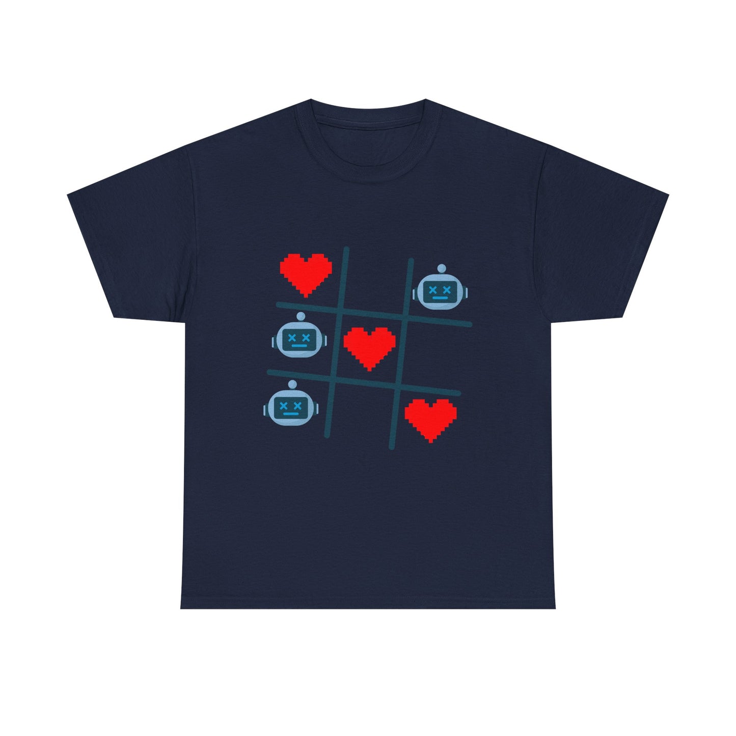Tic Tac Toe Robots vs Hearts T-Shirt | AI Love Game Pixel Art Geek Tee | Gift for Gamer Nerd Couple Valentines | Tech Romance Humor Shirt