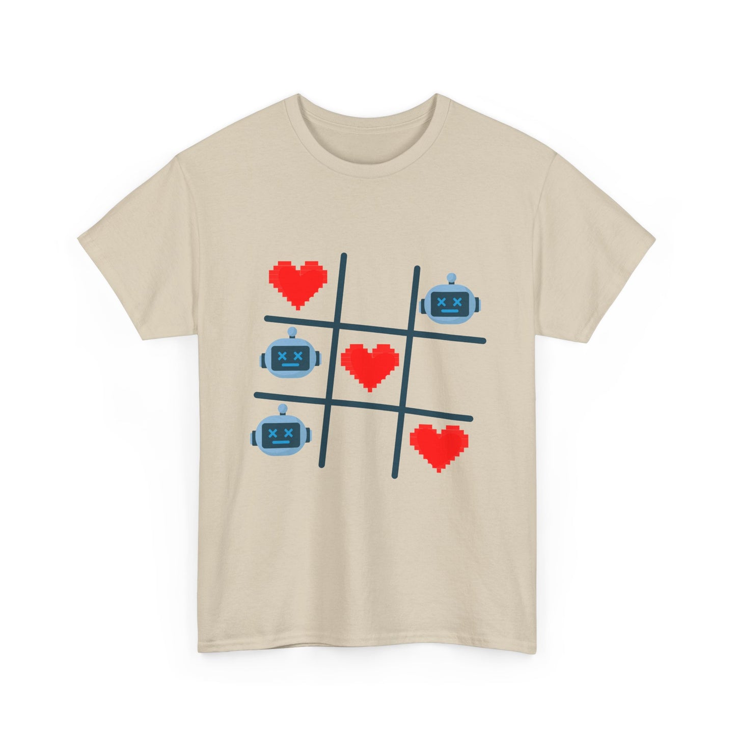 Tic Tac Toe Robots vs Hearts T-Shirt | AI Love Game Pixel Art Geek Tee | Gift for Gamer Nerd Couple Valentines | Tech Romance Humor Shirt