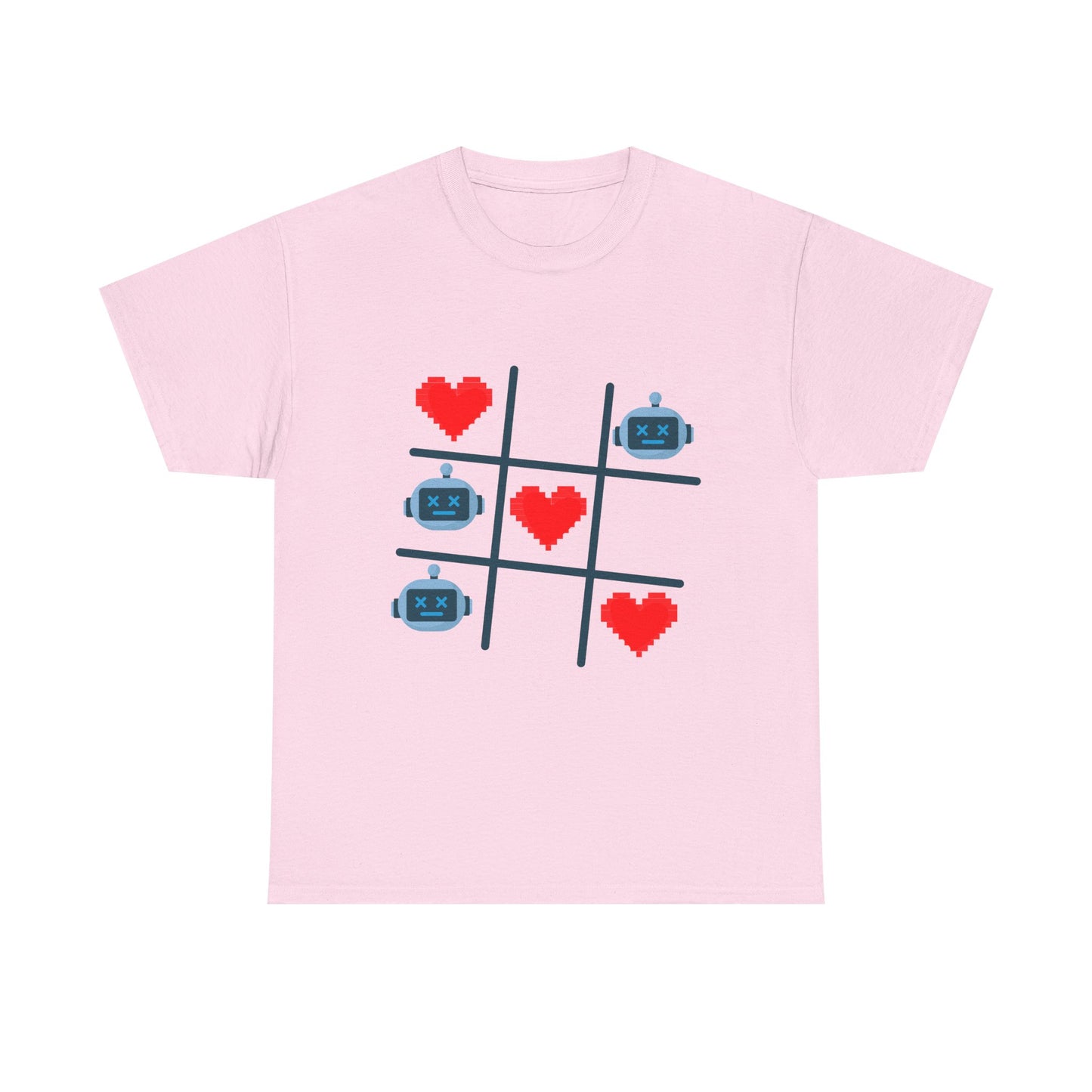 Tic Tac Toe Robots vs Hearts T-Shirt | AI Love Game Pixel Art Geek Tee | Gift for Gamer Nerd Couple Valentines | Tech Romance Humor Shirt