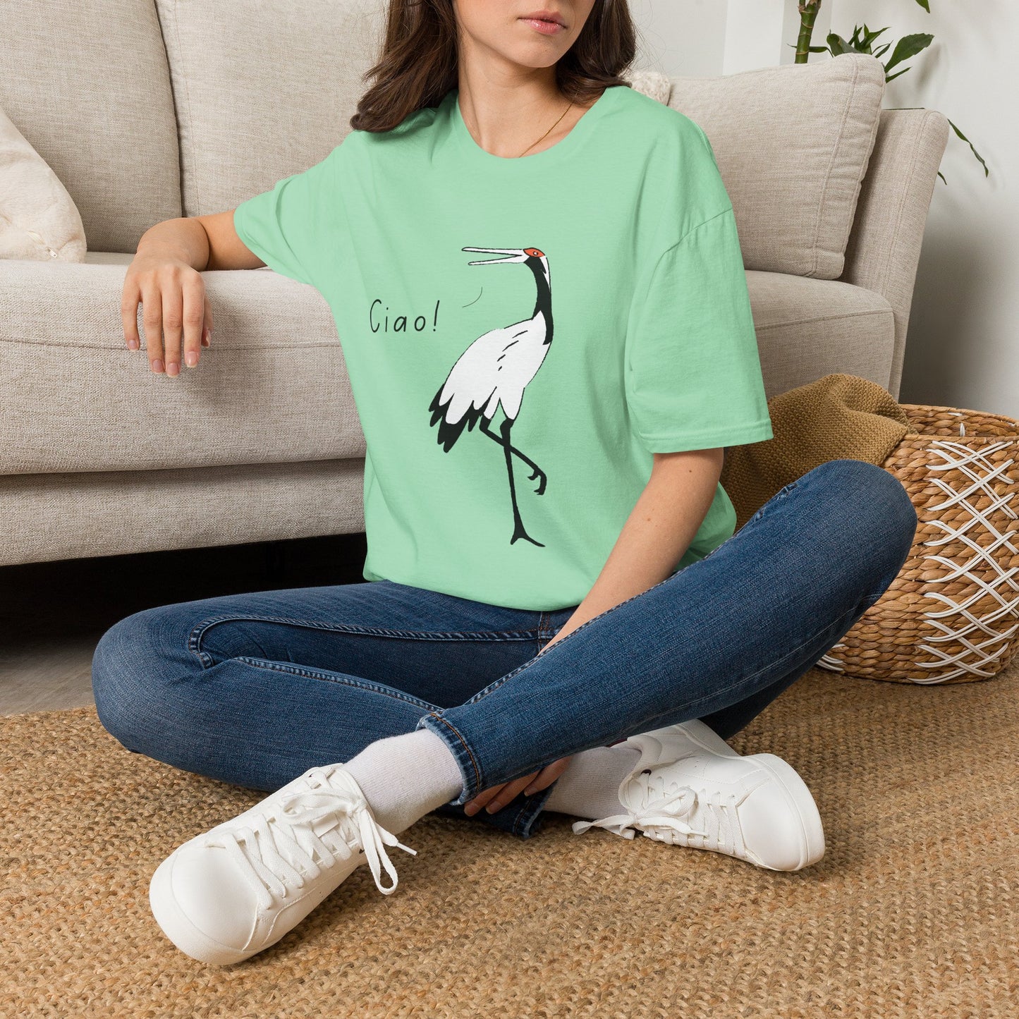Ciao Crane T-Shirt | Minimalist Line Art Stork Bird Illustration | Italian Goodbye Gift| Bird Lover Nature Art | Simple Elegant Wildlife Tee