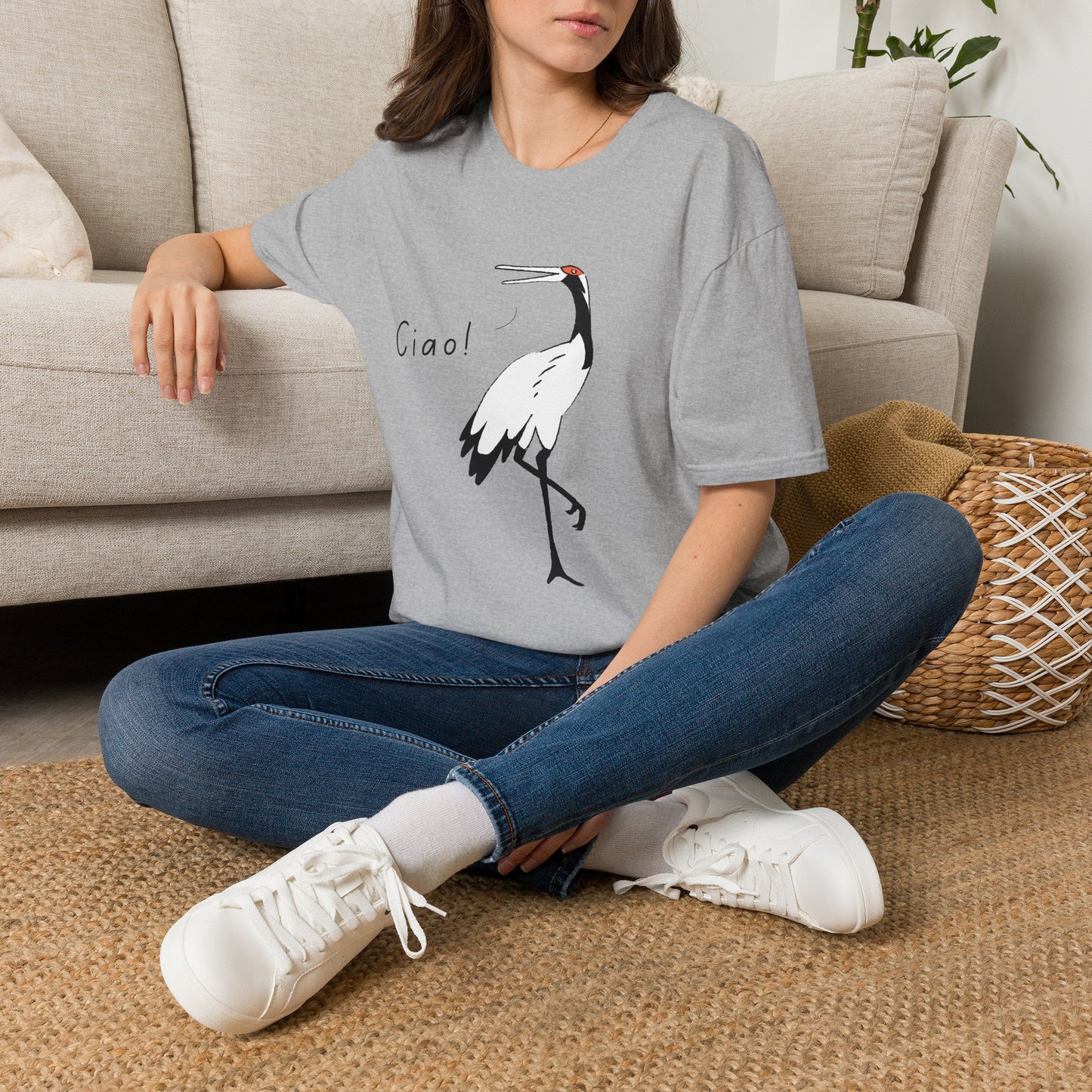 Ciao Crane T-Shirt | Minimalist Line Art Stork Bird Illustration | Italian Goodbye Gift| Bird Lover Nature Art | Simple Elegant Wildlife Tee