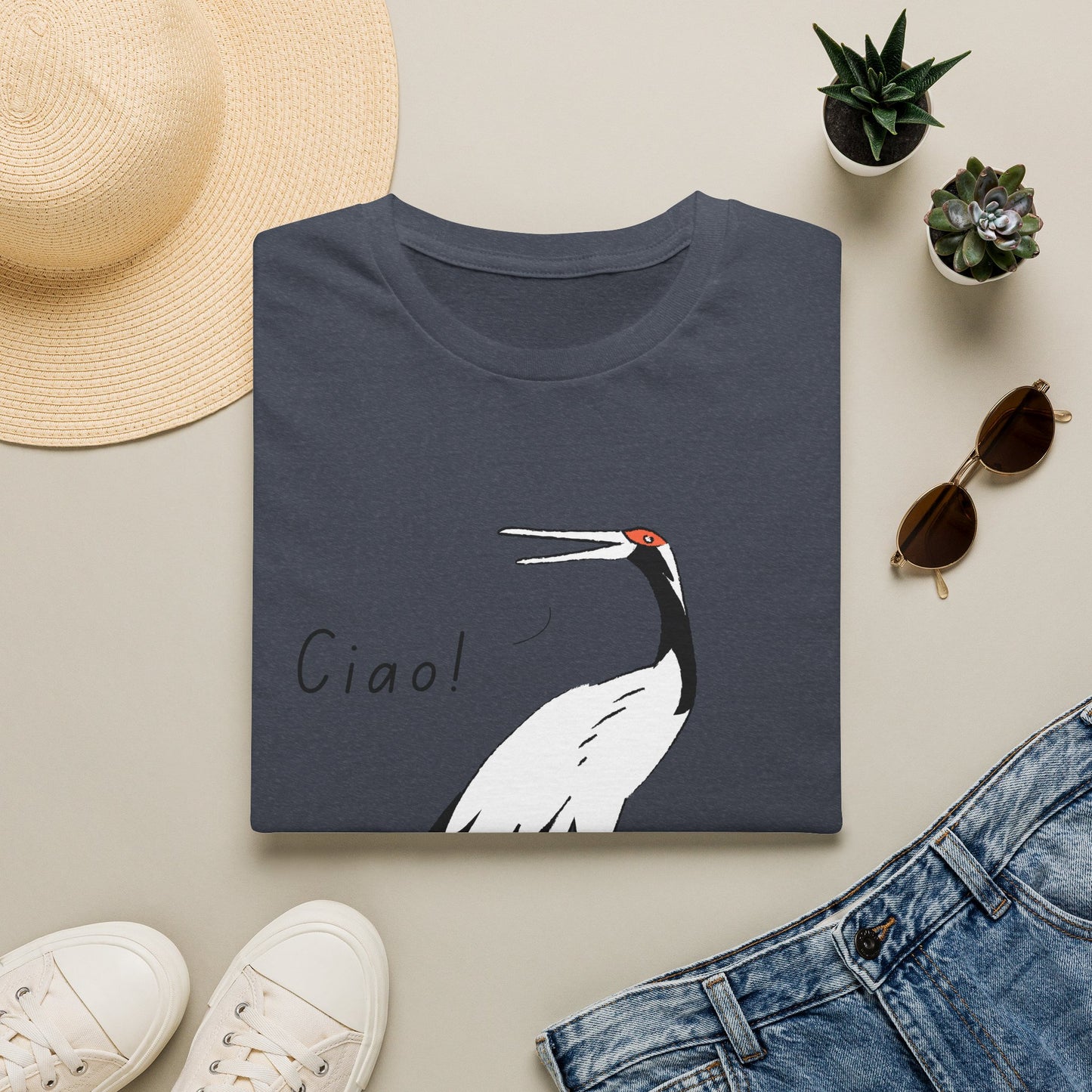 Ciao Crane T-Shirt | Minimalist Line Art Stork Bird Illustration | Italian Goodbye Gift| Bird Lover Nature Art | Simple Elegant Wildlife Tee