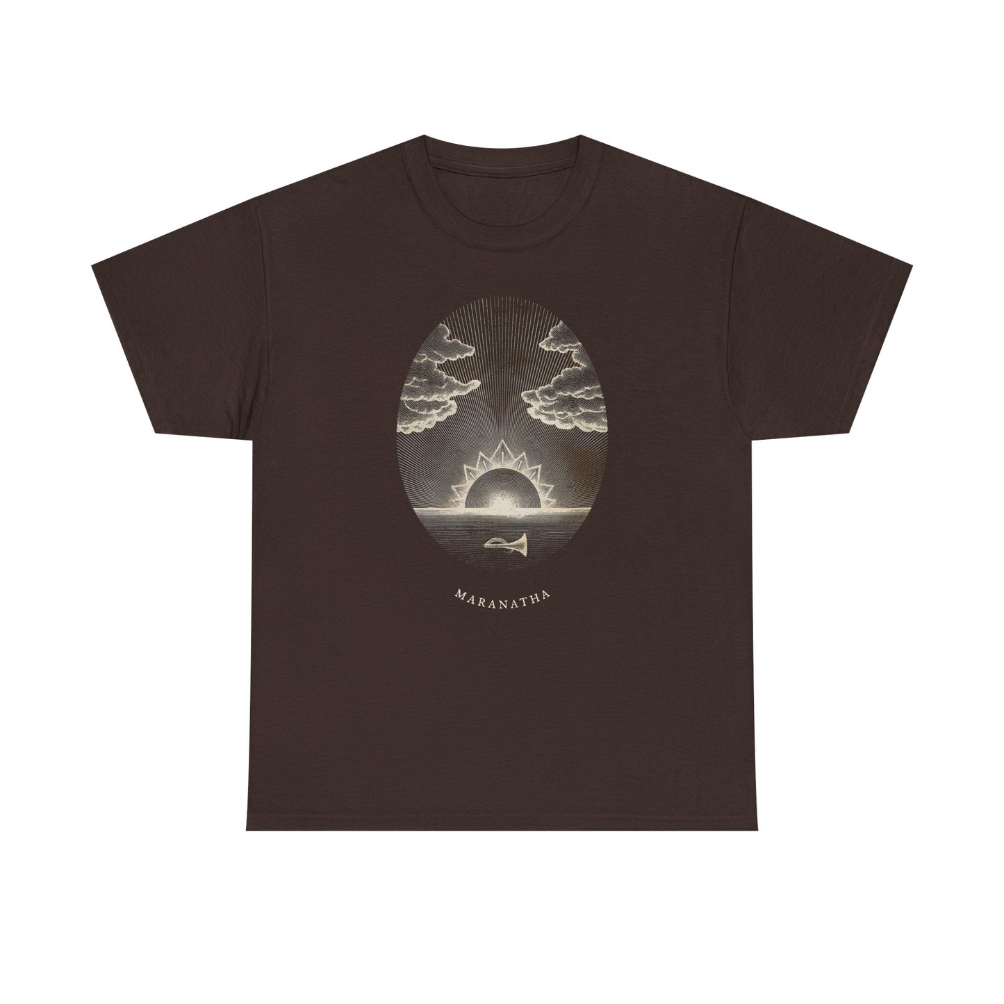 Sunrise Oval Graphic Tee — "Maranatha" Vintage Sunset T-Shirt