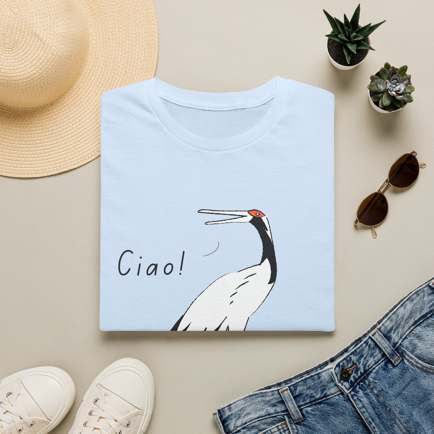 Ciao Crane T-Shirt | Minimalist Line Art Stork Bird Illustration | Italian Goodbye Gift| Bird Lover Nature Art | Simple Elegant Wildlife Tee