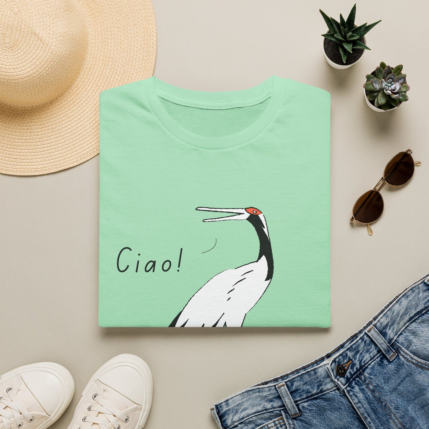 Ciao Crane T-Shirt | Minimalist Line Art Stork Bird Illustration | Italian Goodbye Gift| Bird Lover Nature Art | Simple Elegant Wildlife Tee