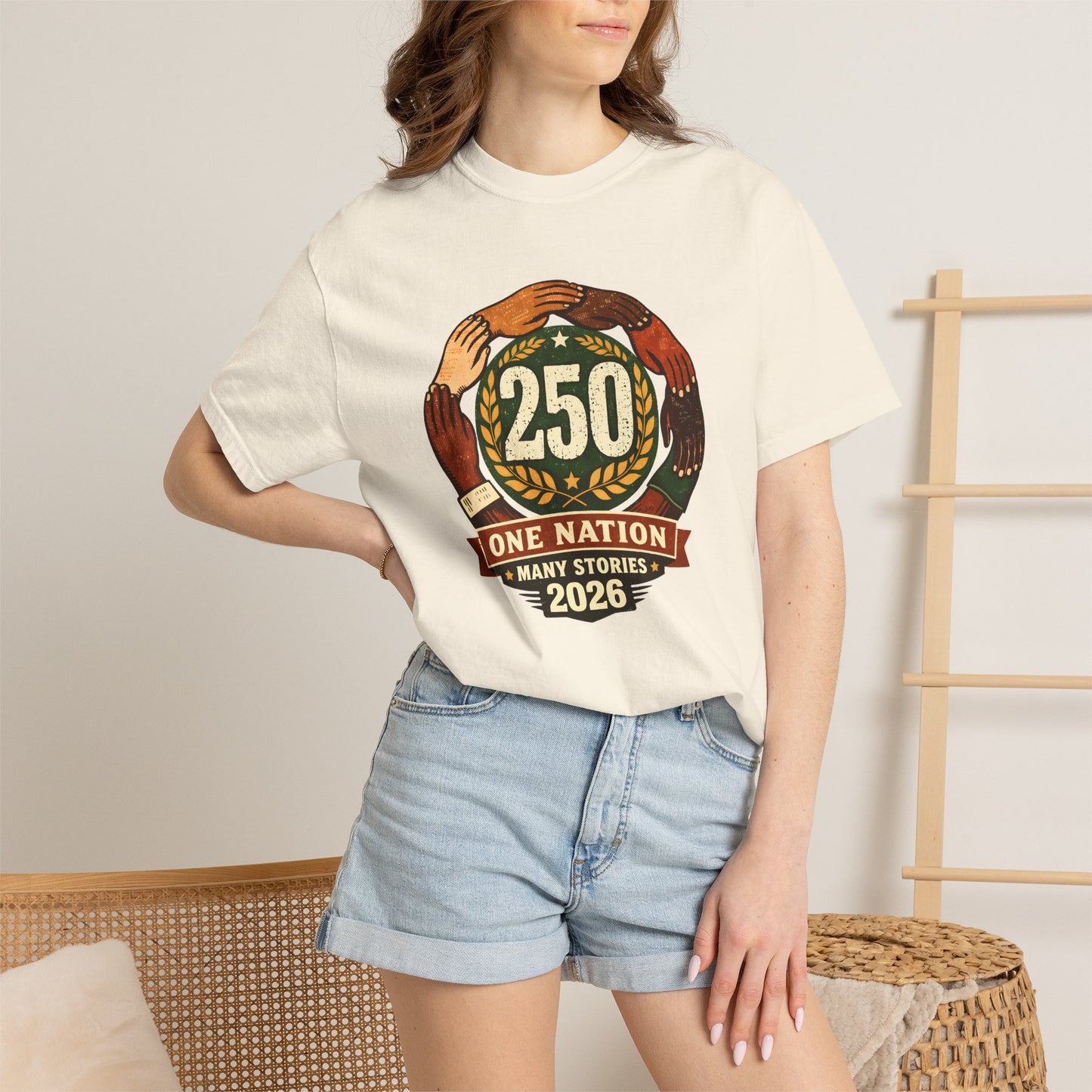 250 Year Anniversary | One Nation Many Stories 2026 T-Shirt | Unity Hands Emblem