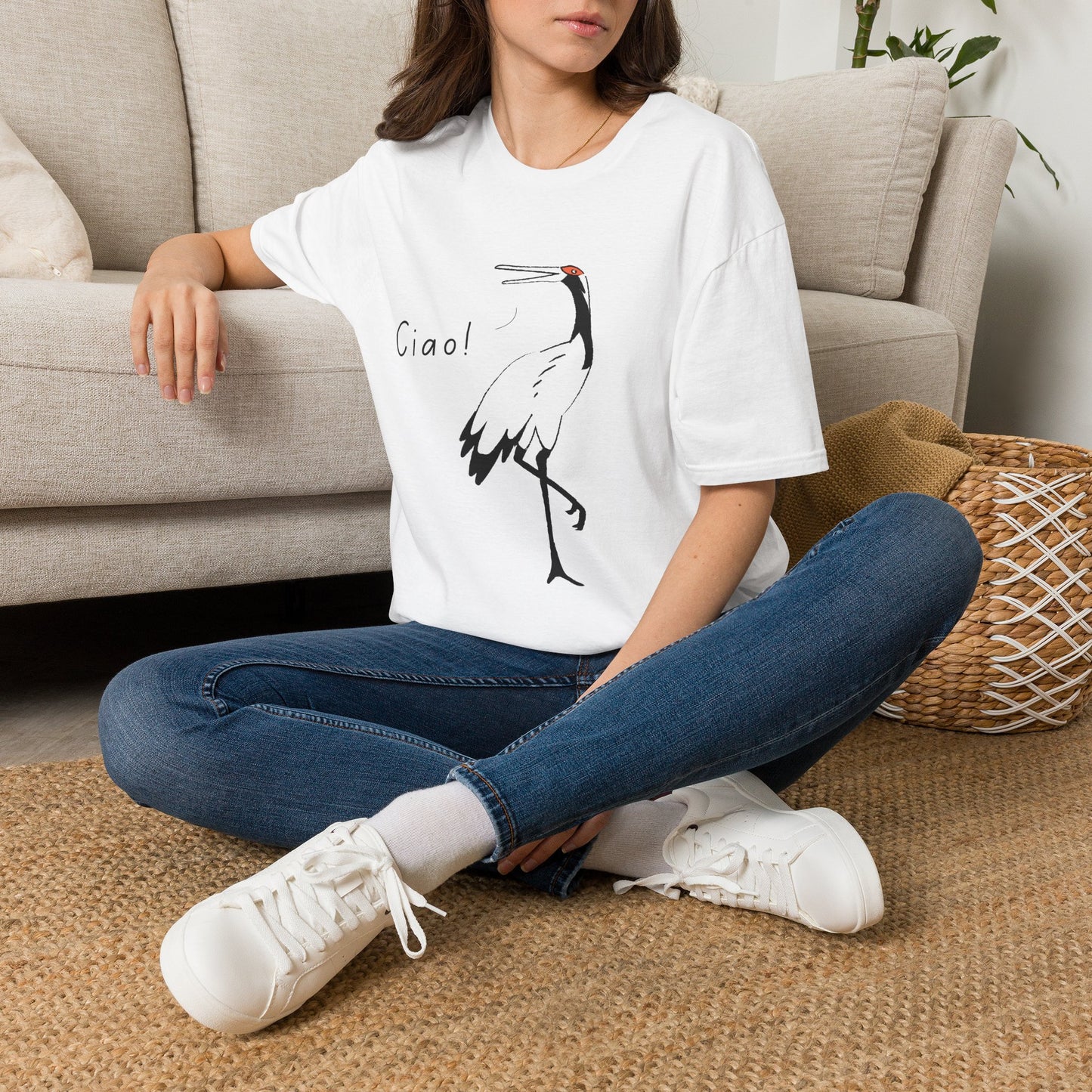 Ciao Crane T-Shirt | Minimalist Line Art Stork Bird Illustration | Italian Goodbye Gift| Bird Lover Nature Art | Simple Elegant Wildlife Tee