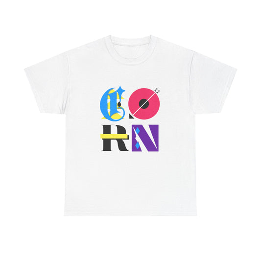 Colorful Corn Typography T-Shirt | Pop Art Food Graphic Design | Gift for Foodie Midwest Farmer | Bold Statement Vegetable Tee