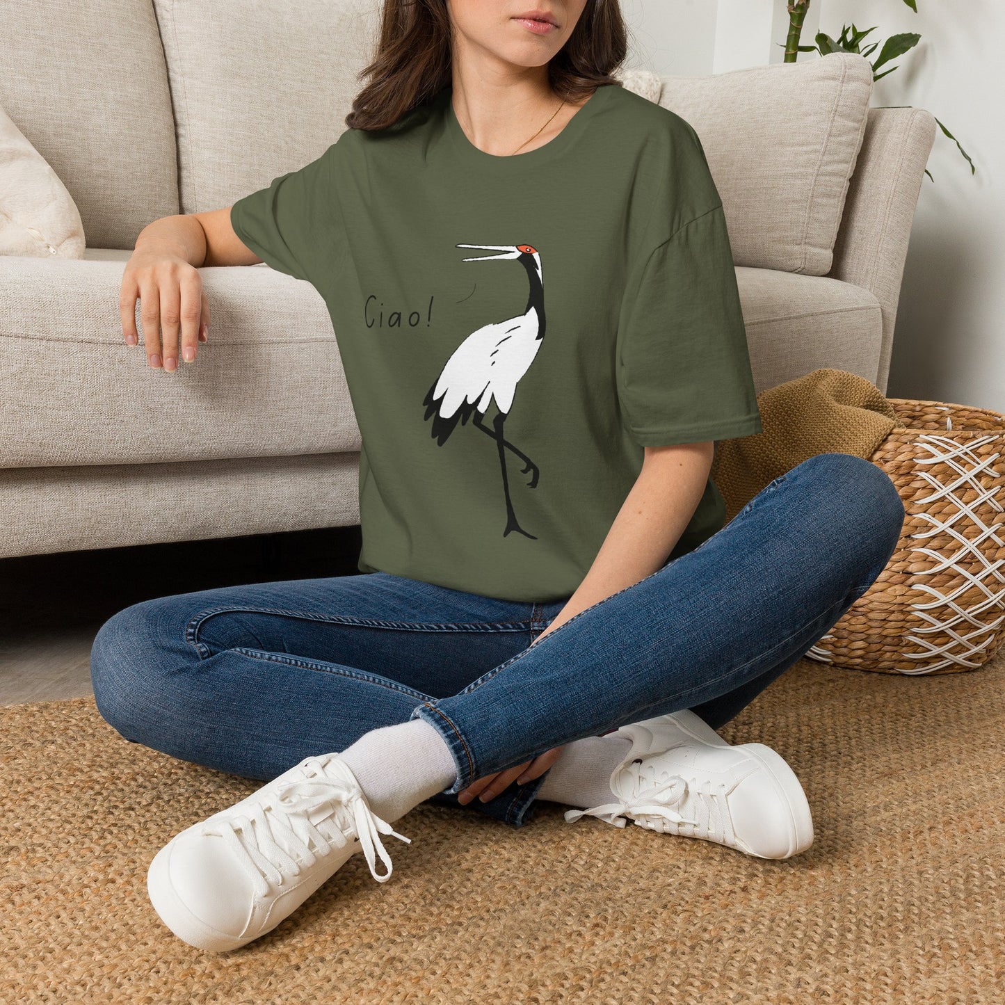 Ciao Crane T-Shirt | Minimalist Line Art Stork Bird Illustration | Italian Goodbye Gift| Bird Lover Nature Art | Simple Elegant Wildlife Tee