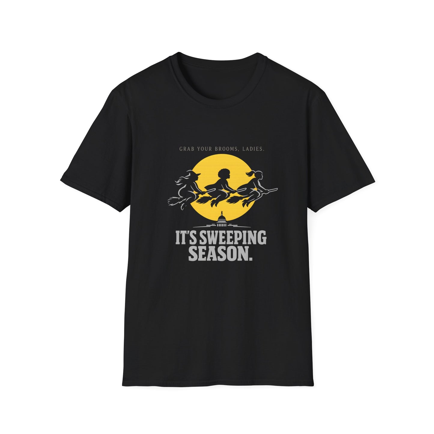 Witch Broomstick T-Shirt — "Grab Your Brooms, Ladies" Halloween Tee