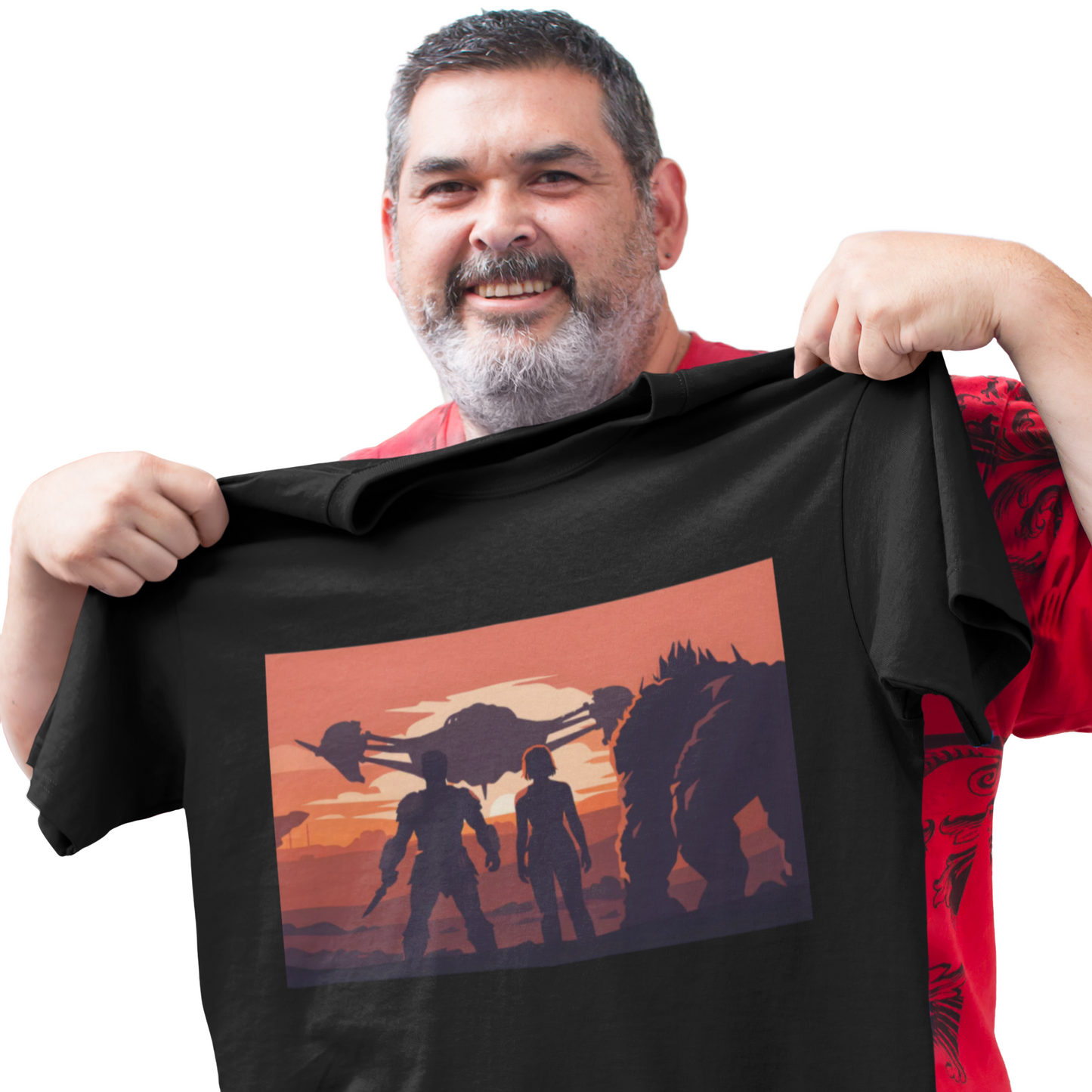 Sunset Guardians Graphic Tee — Sci‑Fi Crew Silhouette T‑Shirt