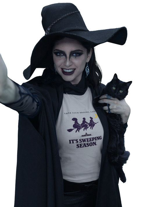 Witches on Brooms T-Shirt — "Grab Your Brooms, Ladies" Sweeping Season Halloween Tee