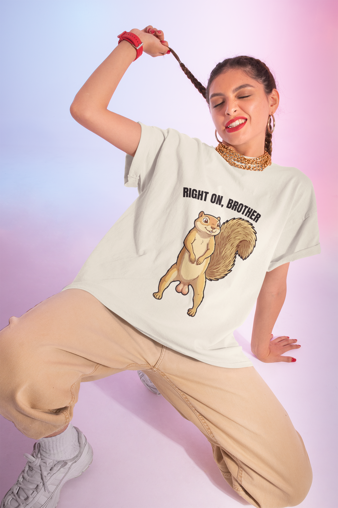 Right On Brother Squirrel T-Shirt | Retro 70s Groovy Animal Illustration | Gift Nature Lover Hippie Vintage Fan | Peace Love Wildlife Tee