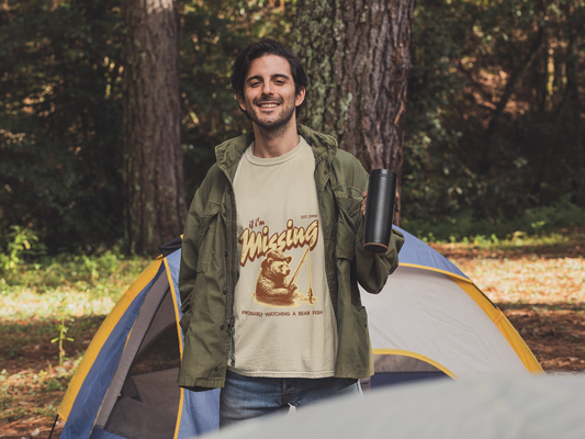 Missing Bear Fishing T-Shirt | Vintage Outdoor Humor Illustration | Gift for Fisherman Camper Hiker Nature Lover | Funny Wildlife Tee