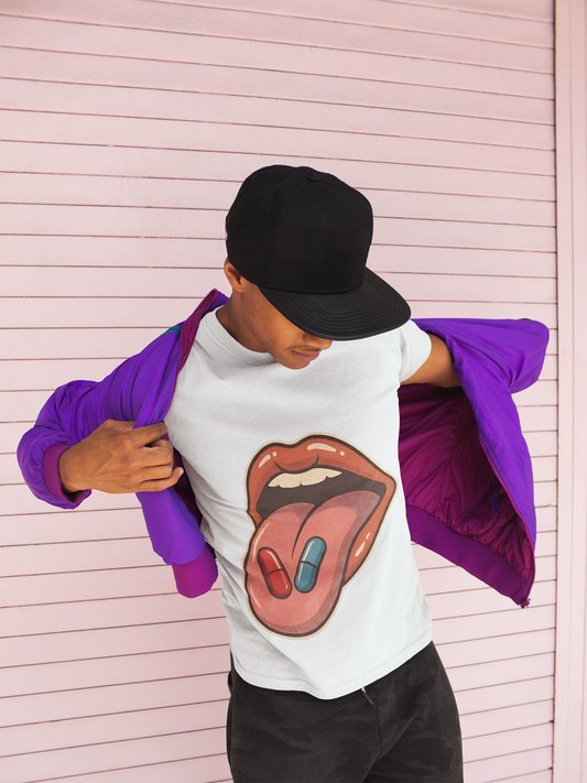 Pill Pop Matrix Art T-Shirt — Retro Lips & Capsules Graphic Tee