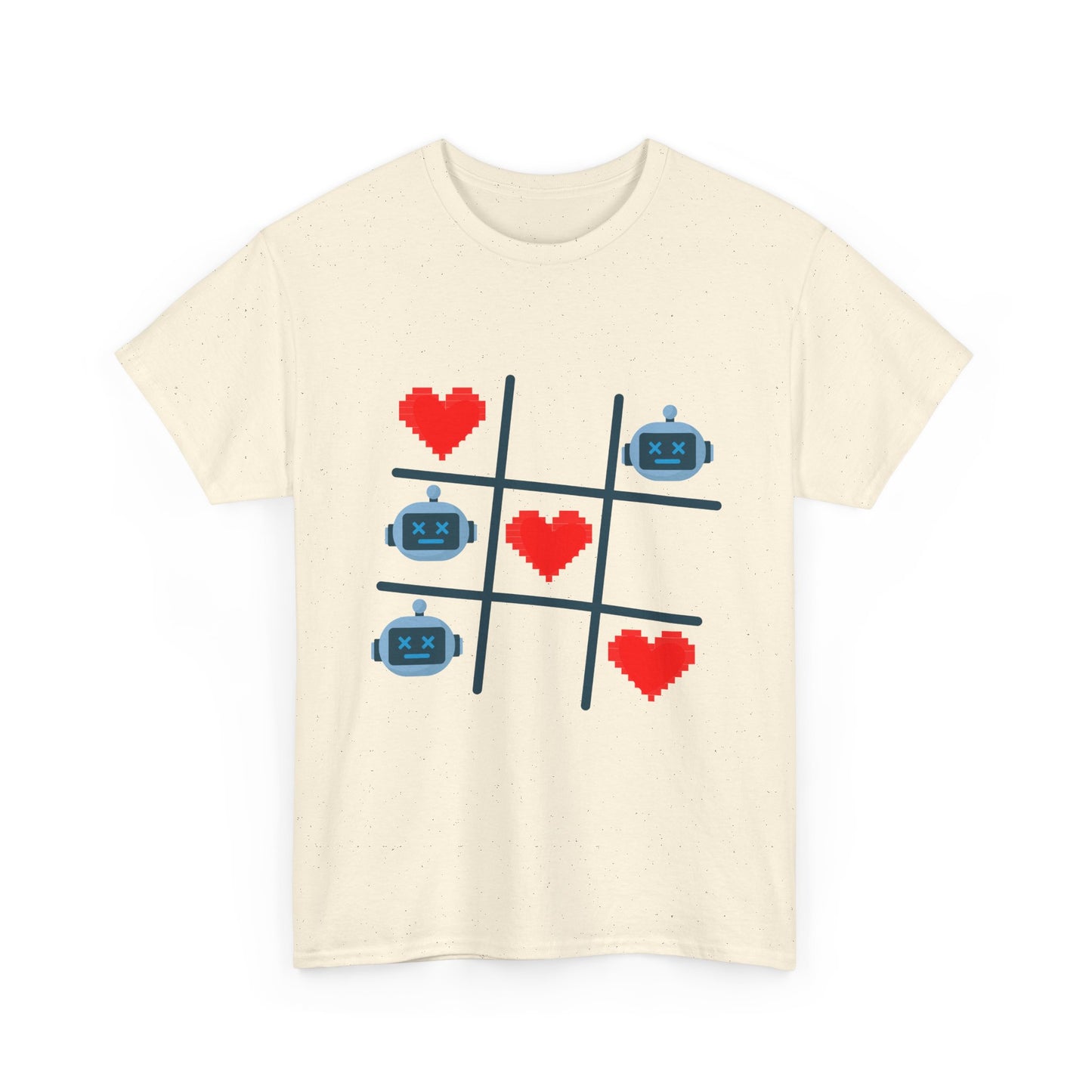 Tic Tac Toe Robots vs Hearts T-Shirt | AI Love Game Pixel Art Geek Tee | Gift for Gamer Nerd Couple Valentines | Tech Romance Humor Shirt