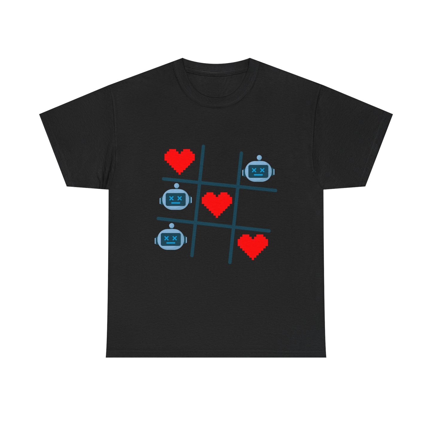 Tic Tac Toe Robots vs Hearts T-Shirt | AI Love Game Pixel Art Geek Tee | Gift for Gamer Nerd Couple Valentines | Tech Romance Humor Shirt