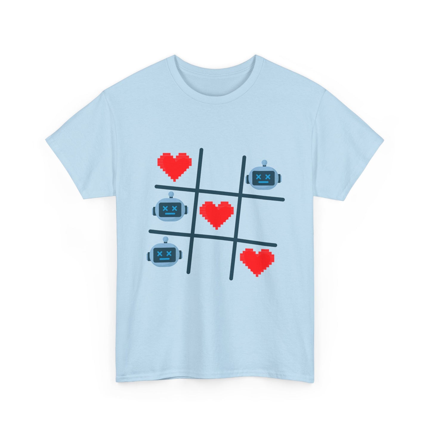 Tic Tac Toe Robots vs Hearts T-Shirt | AI Love Game Pixel Art Geek Tee | Gift for Gamer Nerd Couple Valentines | Tech Romance Humor Shirt