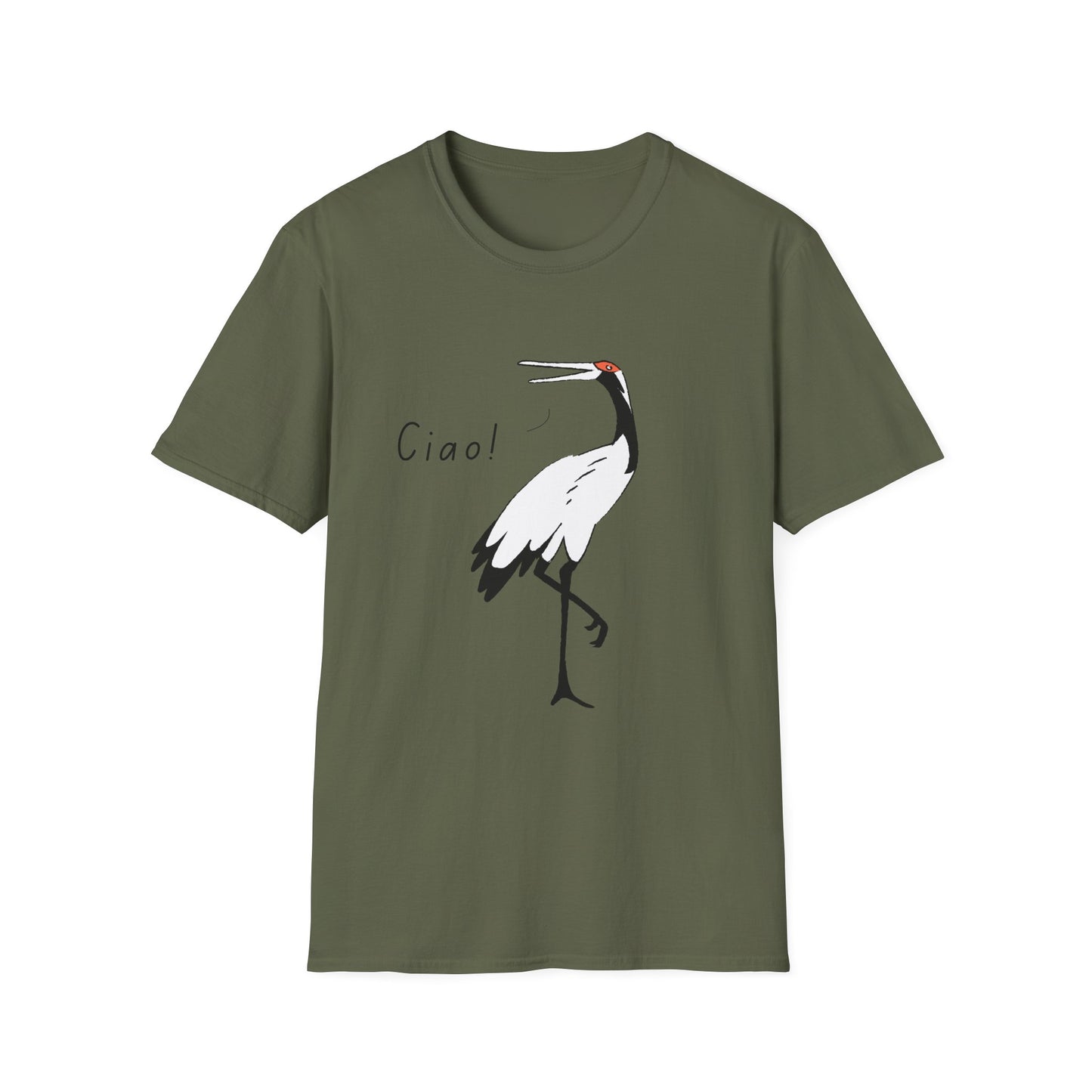 Ciao Crane T-Shirt | Minimalist Line Art Stork Bird Illustration | Italian Goodbye Gift| Bird Lover Nature Art | Simple Elegant Wildlife Tee