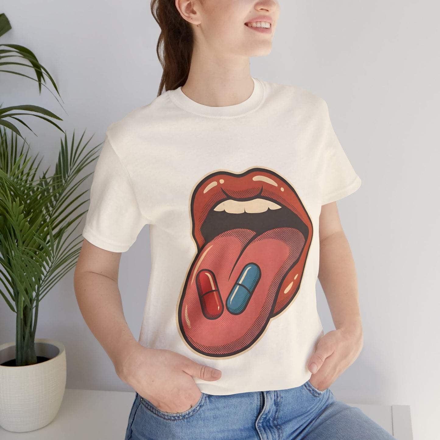 Pill Pop Matrix Art T-Shirt — Retro Lips & Capsules Graphic Tee