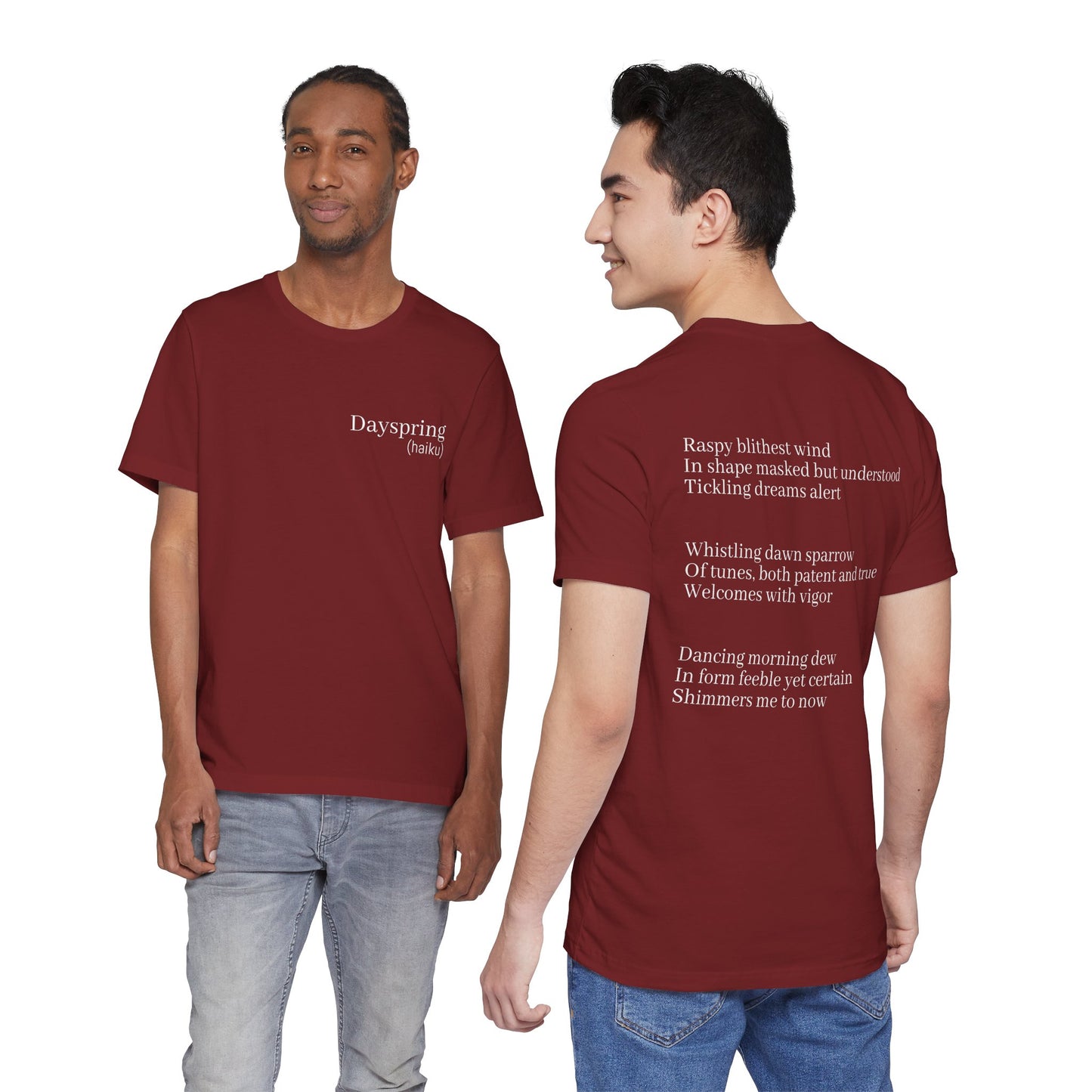 Dayspring Tee | Poetry T-Shirt | Wearable Poem Tee | Haiku Shirt with Front & Back Print | Literary Clothing | Writer Gift | Willows of Yore