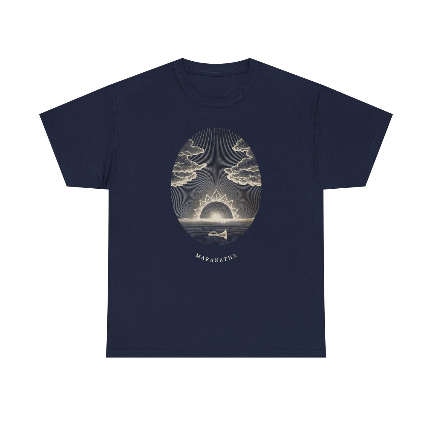 Sunrise Oval Graphic Tee — "Maranatha" Vintage Sunset T-Shirt