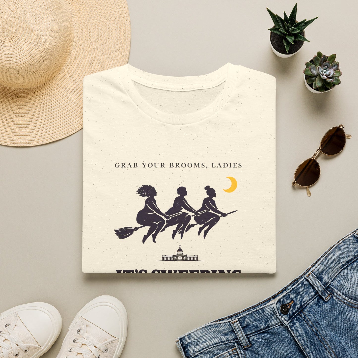 Witches on Brooms T-Shirt — "Grab Your Brooms, Ladies" Sweeping Season Halloween Tee