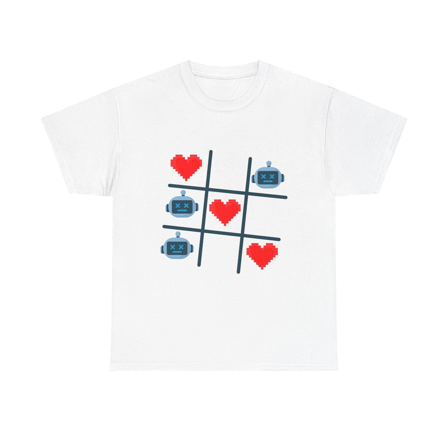 Tic Tac Toe Robots vs Hearts T-Shirt | AI Love Game Pixel Art Geek Tee | Gift for Gamer Nerd Couple Valentines | Tech Romance Humor Shirt