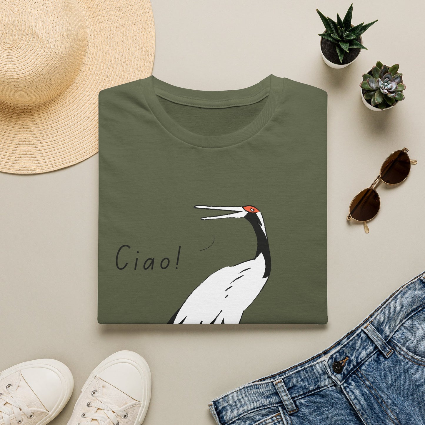 Ciao Crane T-Shirt | Minimalist Line Art Stork Bird Illustration | Italian Goodbye Gift| Bird Lover Nature Art | Simple Elegant Wildlife Tee