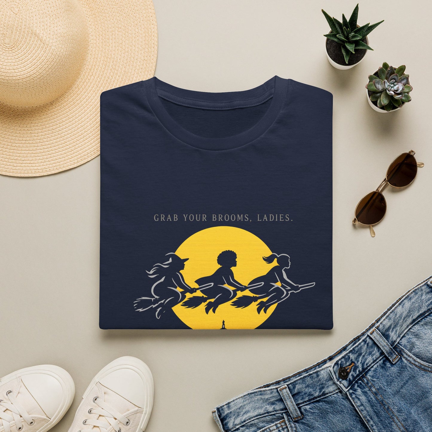 Witch Broomstick T-Shirt — "Grab Your Brooms, Ladies" Halloween Tee