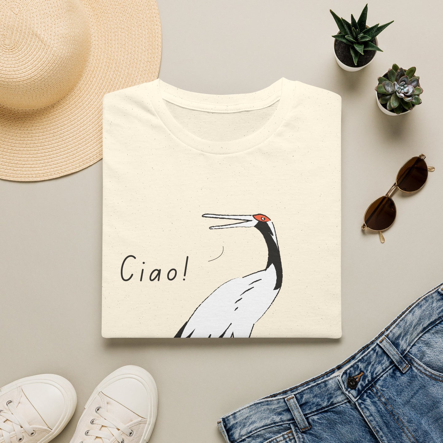Ciao Crane T-Shirt | Minimalist Line Art Stork Bird Illustration | Italian Goodbye Gift| Bird Lover Nature Art | Simple Elegant Wildlife Tee