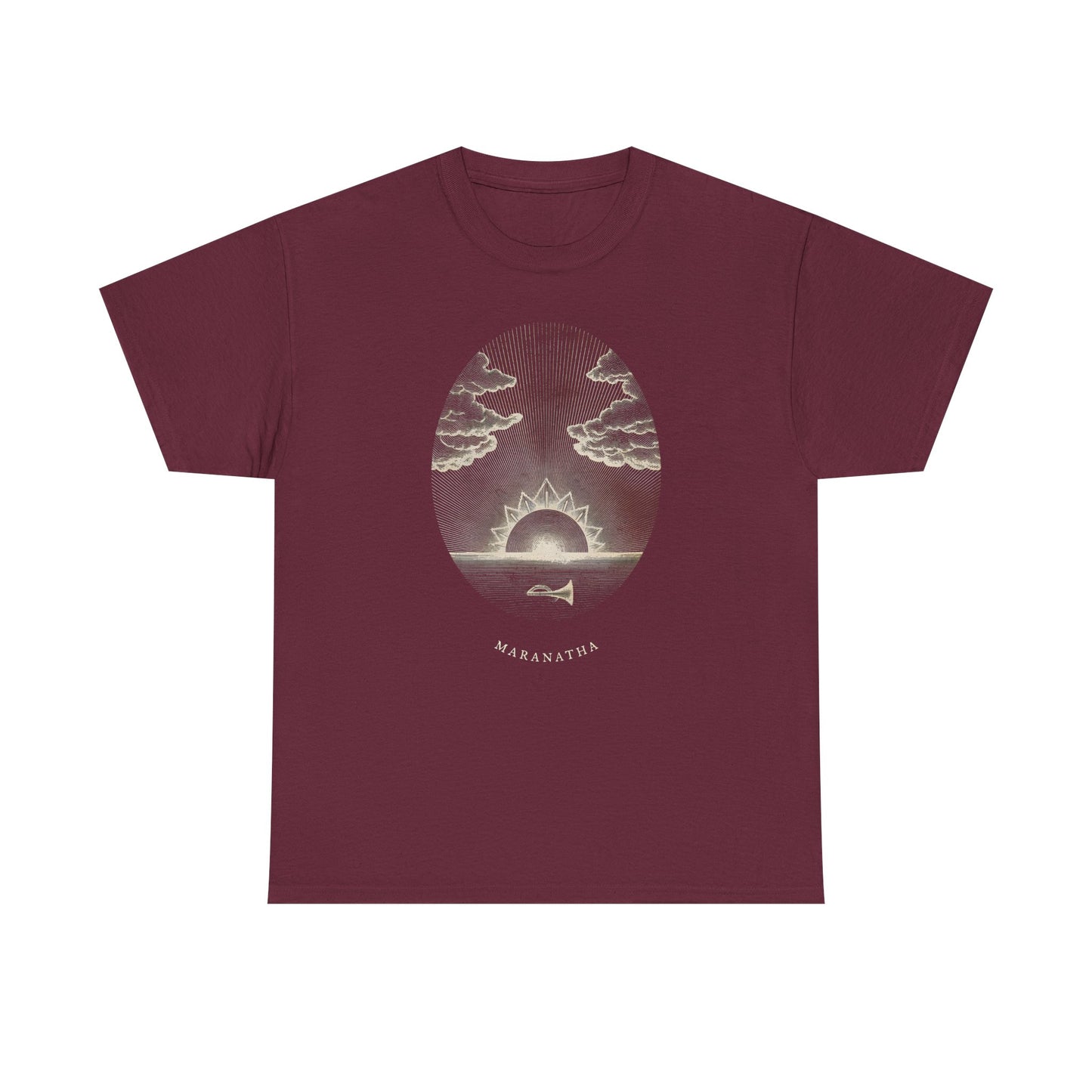 Sunrise Oval Graphic Tee — "Maranatha" Vintage Sunset T-Shirt