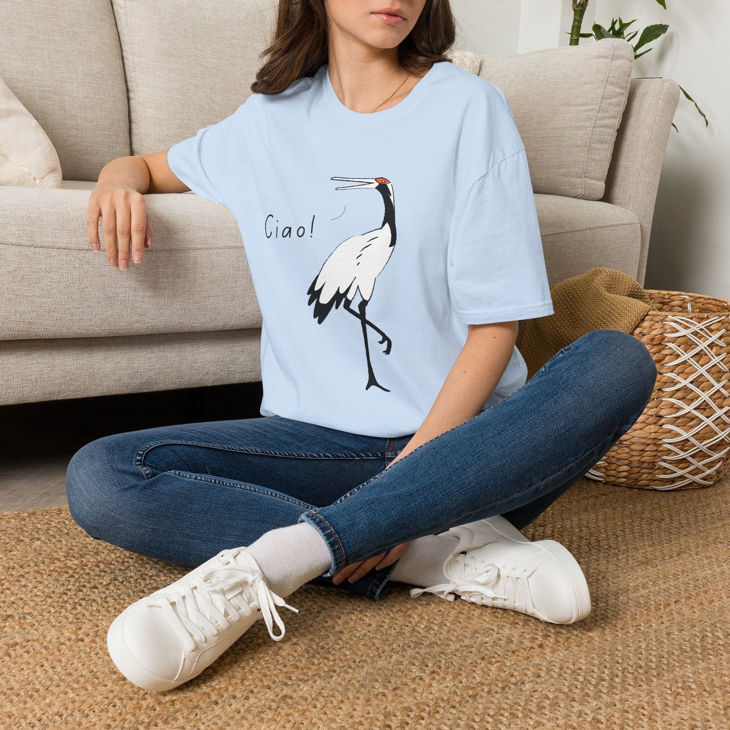 Ciao Crane T-Shirt | Minimalist Line Art Stork Bird Illustration | Italian Goodbye Gift| Bird Lover Nature Art | Simple Elegant Wildlife Tee