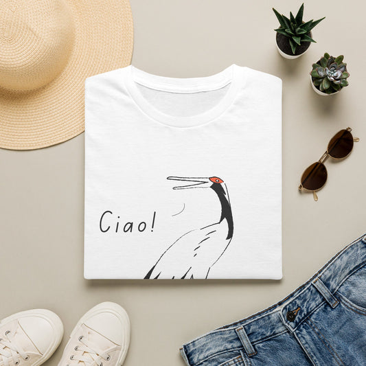 Ciao Crane T-Shirt | Minimalist Line Art Stork Bird Illustration | Italian Goodbye Gift| Bird Lover Nature Art | Simple Elegant Wildlife Tee