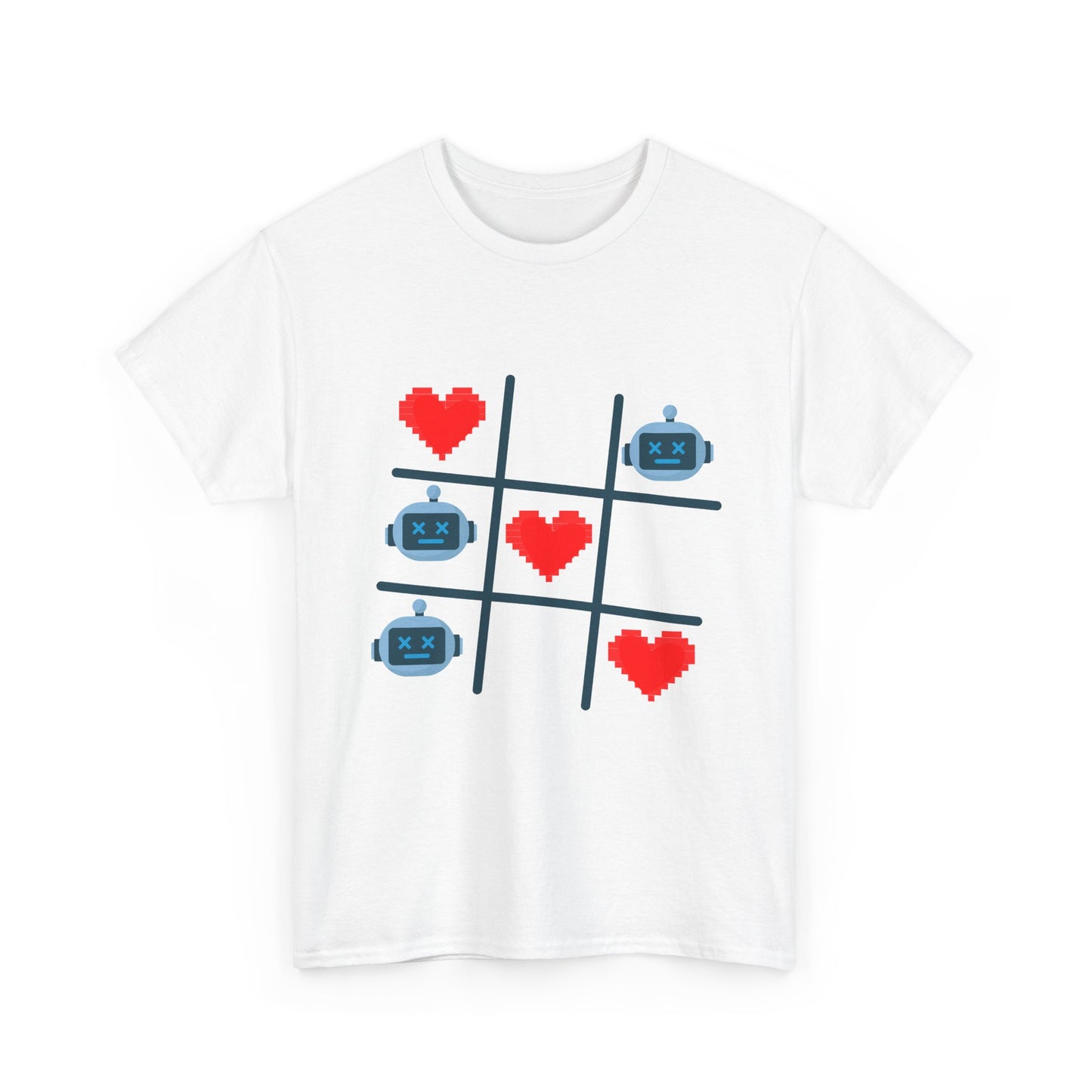 Tic Tac Toe Robots vs Hearts T-Shirt | AI Love Game Pixel Art Geek Tee | Gift for Gamer Nerd Couple Valentines | Tech Romance Humor Shirt