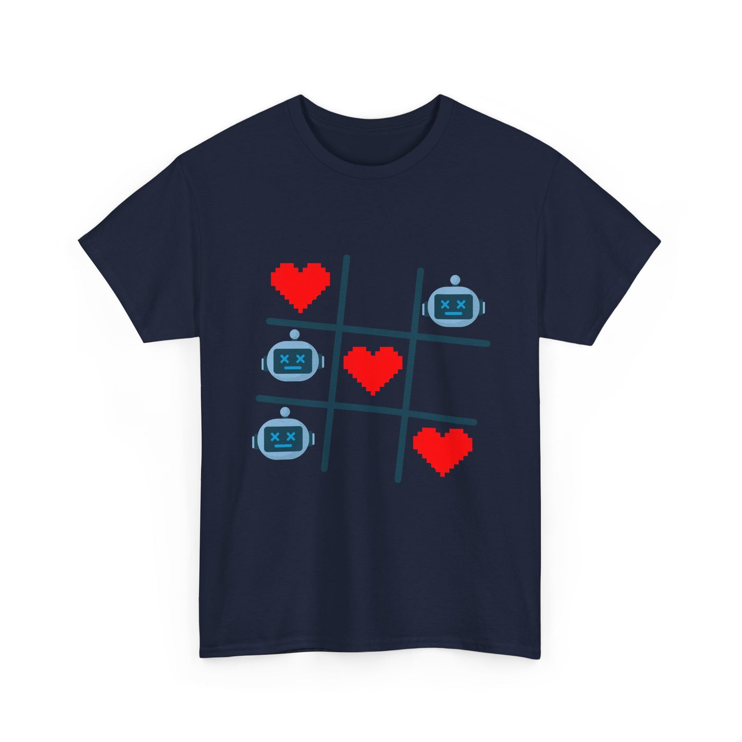 Tic Tac Toe Robots vs Hearts T-Shirt | AI Love Game Pixel Art Geek Tee | Gift for Gamer Nerd Couple Valentines | Tech Romance Humor Shirt