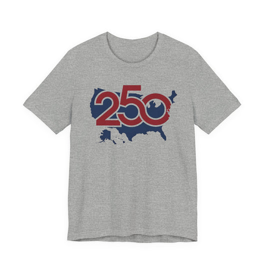 250 USA map T-Shirt | patriotic outline, red white blue numbers | Independence Day