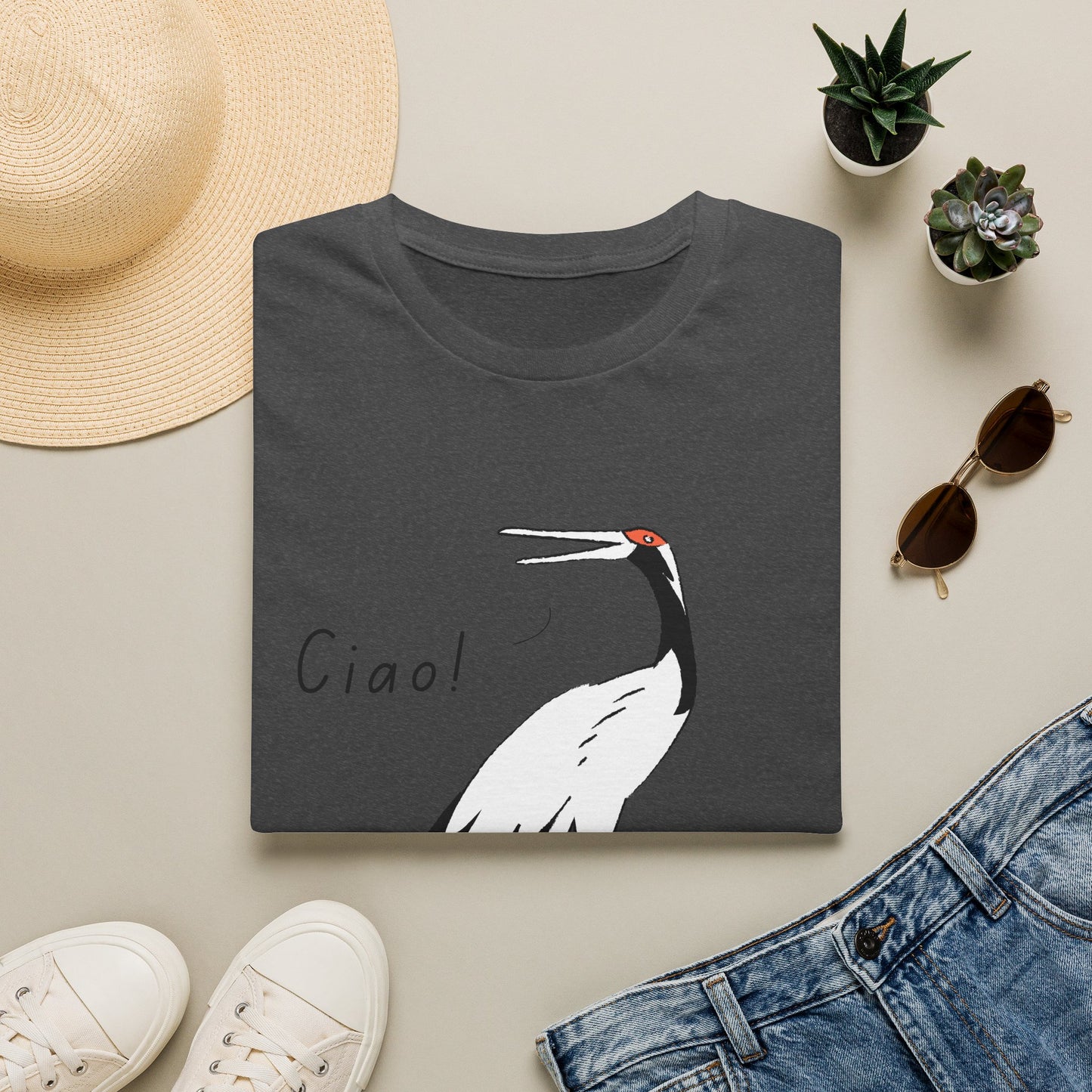 Ciao Crane T-Shirt | Minimalist Line Art Stork Bird Illustration | Italian Goodbye Gift| Bird Lover Nature Art | Simple Elegant Wildlife Tee