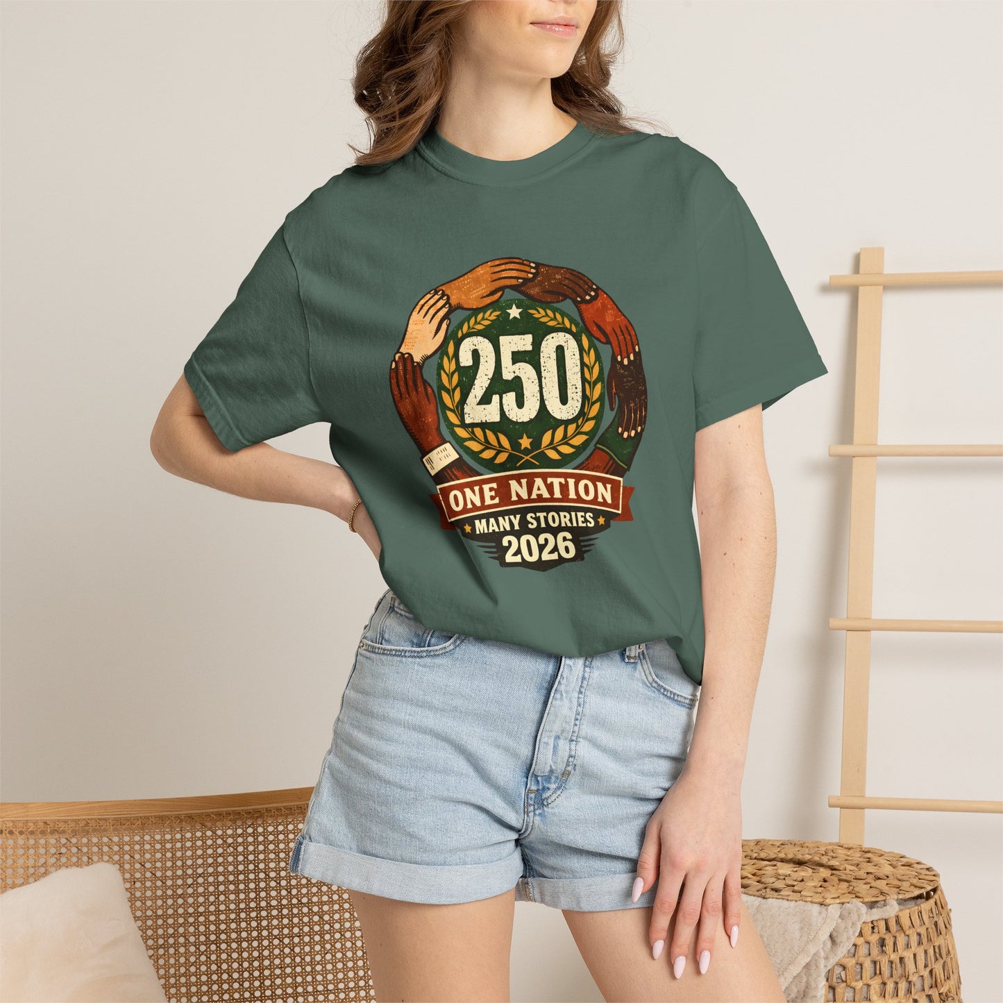 250 Year Anniversary | One Nation Many Stories 2026 T-Shirt | Unity Hands Emblem